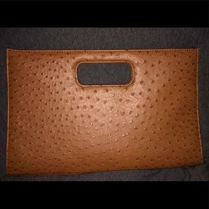 ***SOLD*** Tan Ostrich Print Leather Flat Clutch [with pocket]